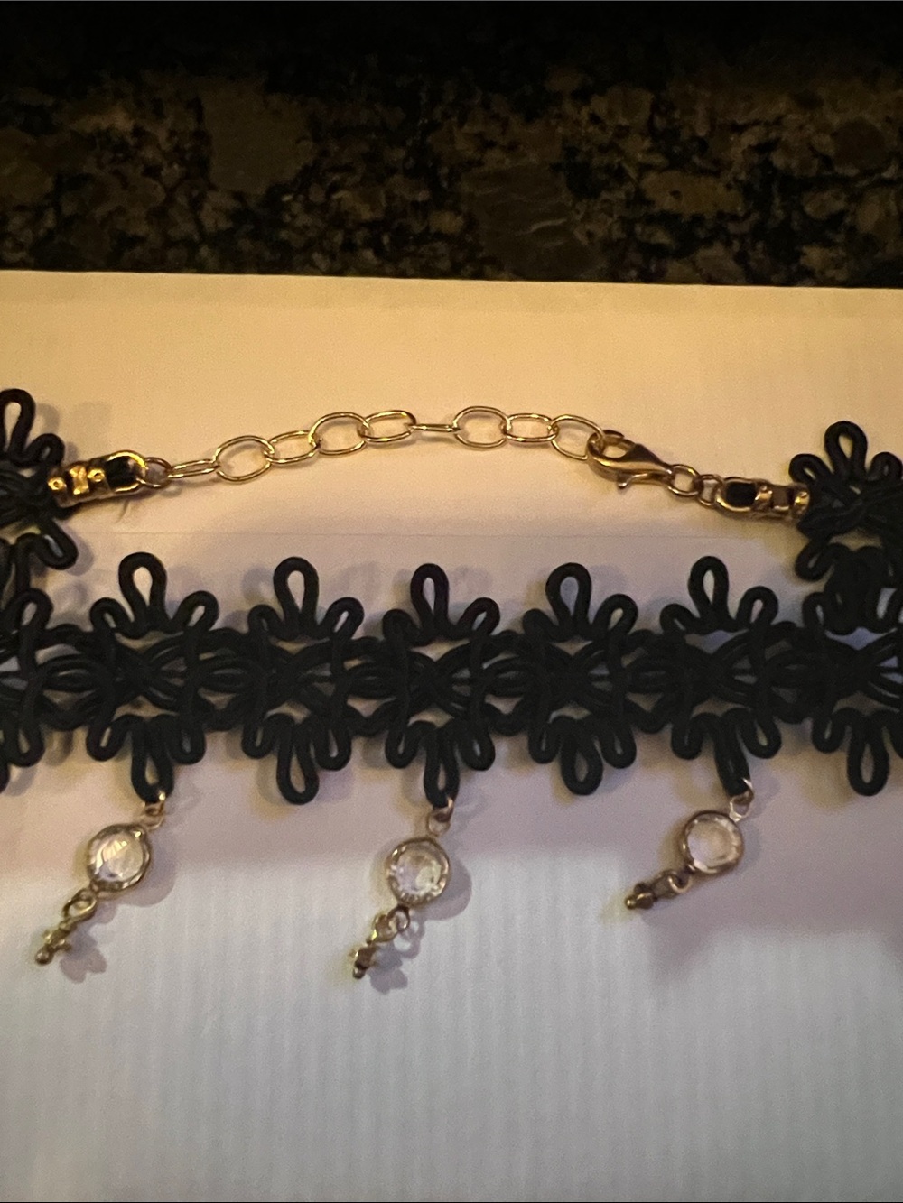 Hand Crafted Black Lace Choker with Gold Accents and Clear Dangles